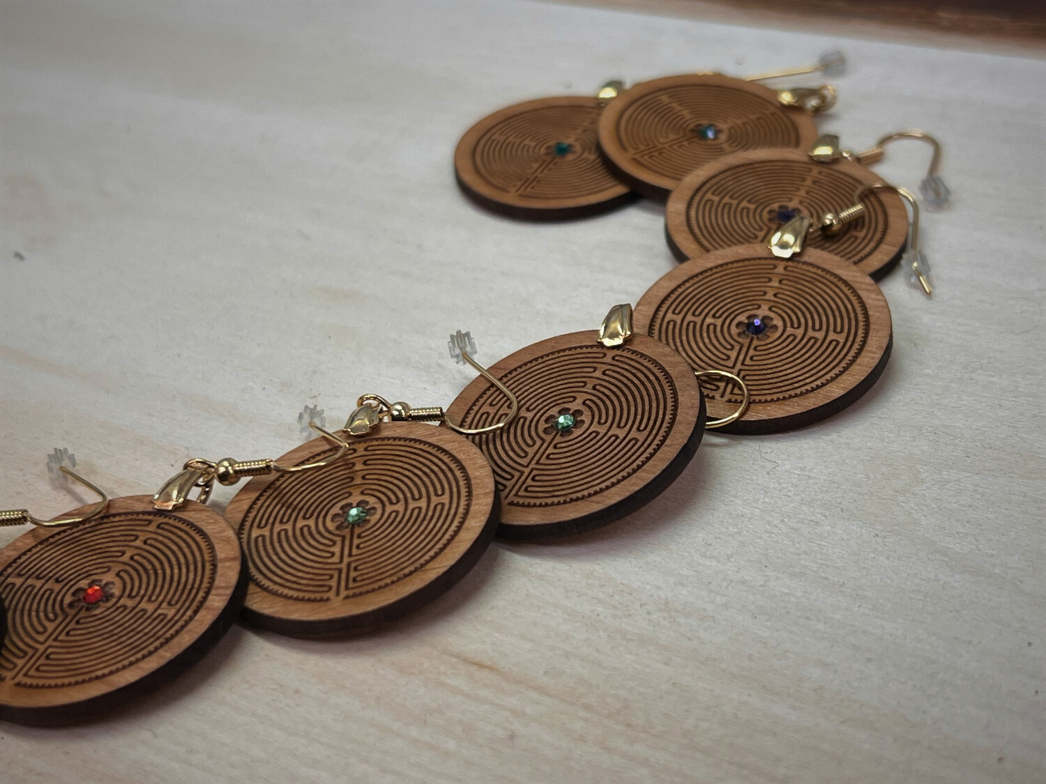 Earrings: Chartres Labyrinth on Wood | with Swarovski Crystals