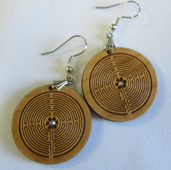 Earrings: Chartres Labyrinth on Wood | with Swarovski Crystals
