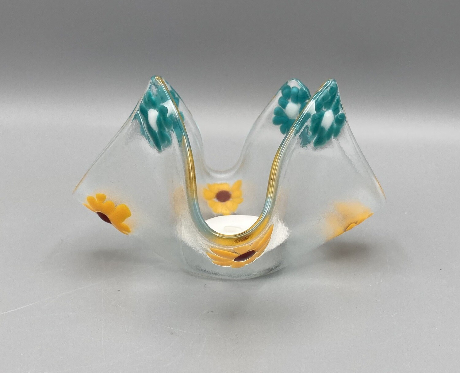 Jocy Fisher Teal and Yellow Flower Votive