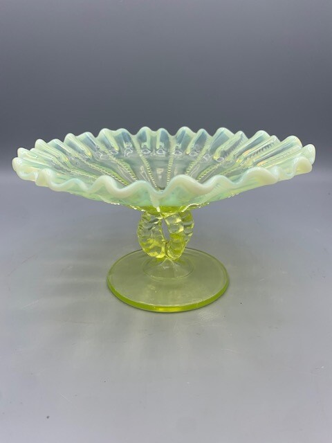 Fenton Topaz Opalescent Compote Bowl with Beaded Panels & Vaseline Glass, Pedestal