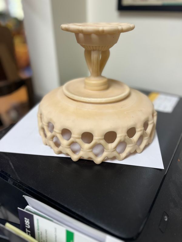 Rare Westmoreland Vintage Custard Milk Glass Pedestal Compote Doric Lace Edge