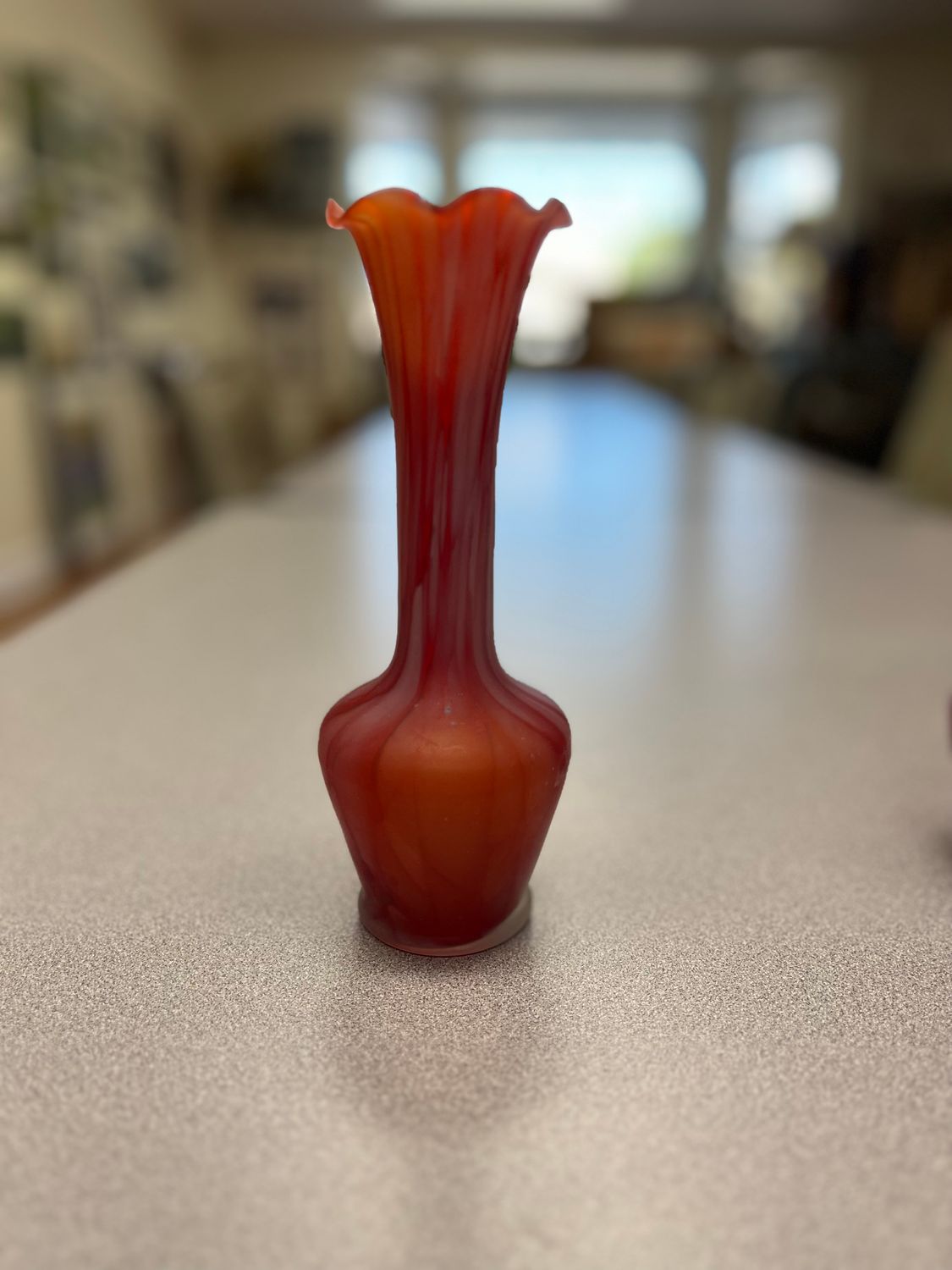 Red/Orange Art Glass Vase with Satin Finish and Ruggled Edge 8"