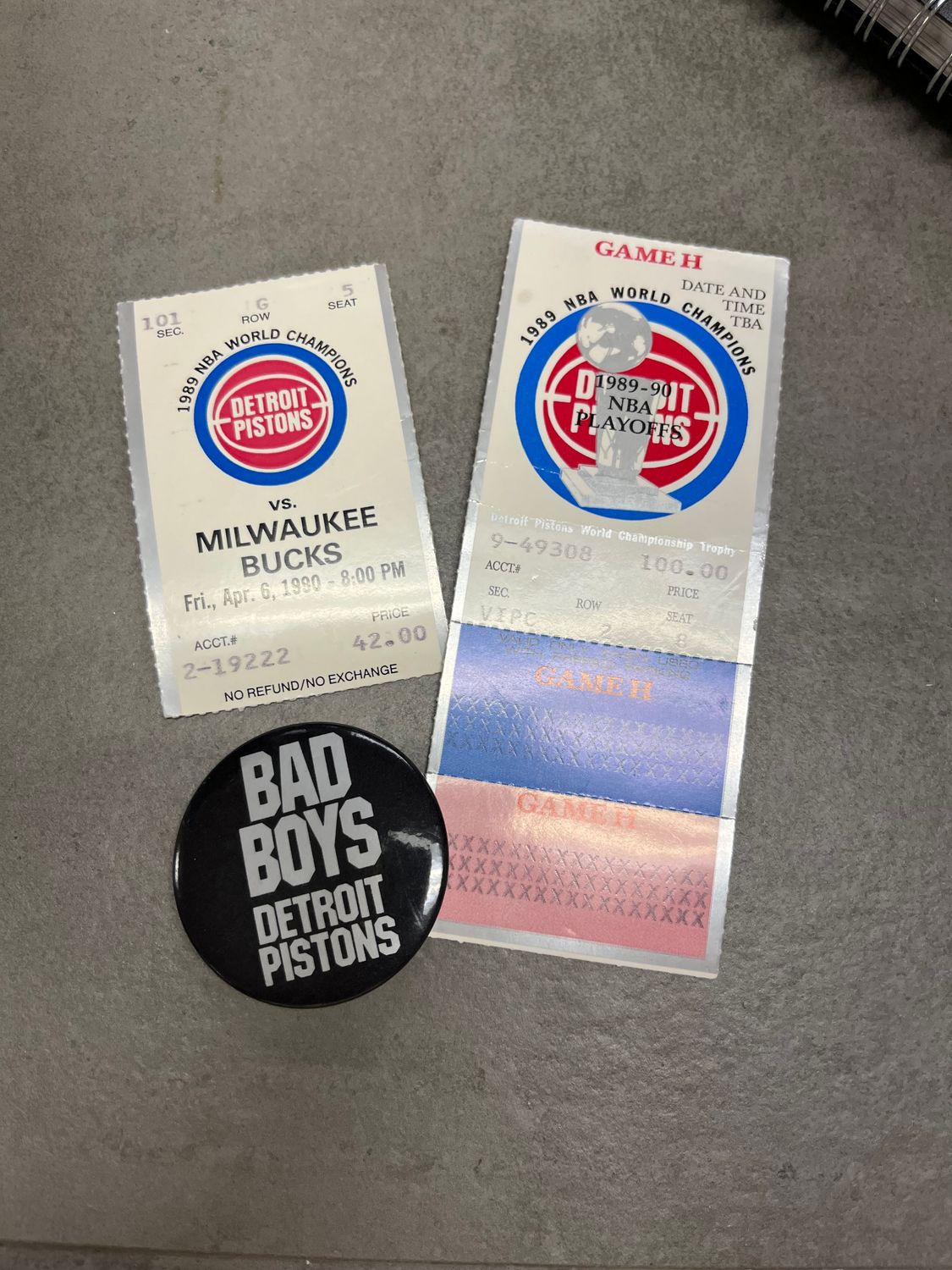 NBA pistons ticket stubs  1989 and "bad boys" pin