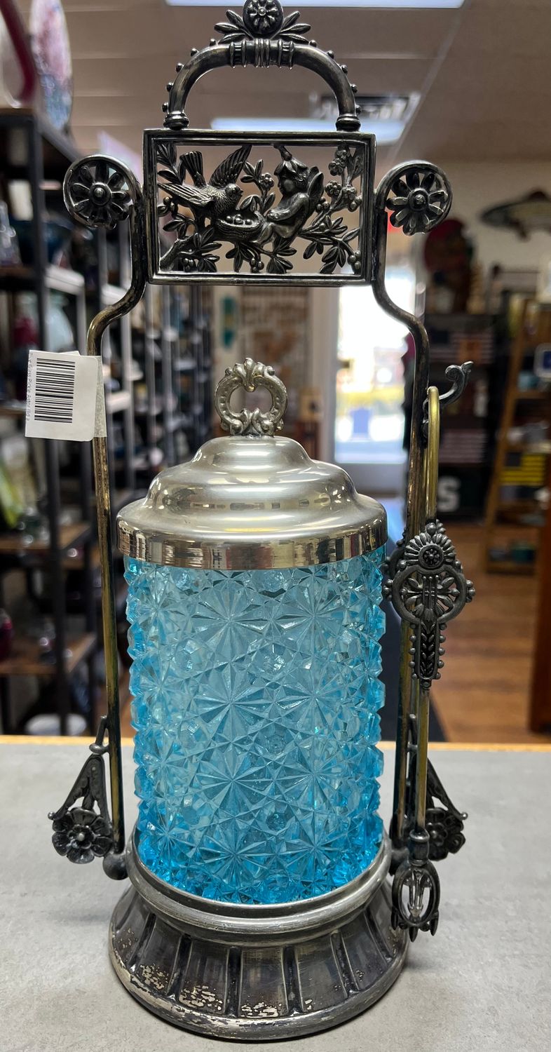 Blue Glass Pickle Castor (lid and tongs not original)