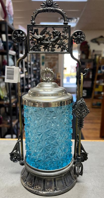 Blue Glass Pickle Castor (lid and tongs not original)