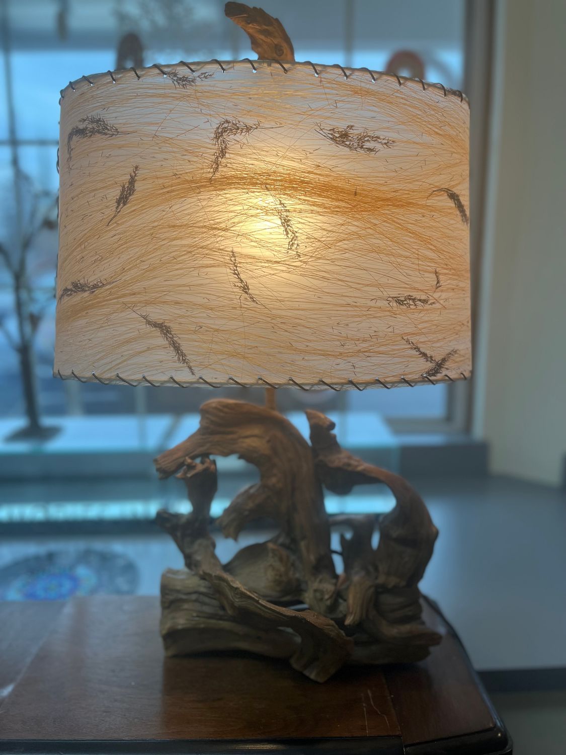 MCM Driftwood Lamp with Fiberglass Wheat Oval Shade