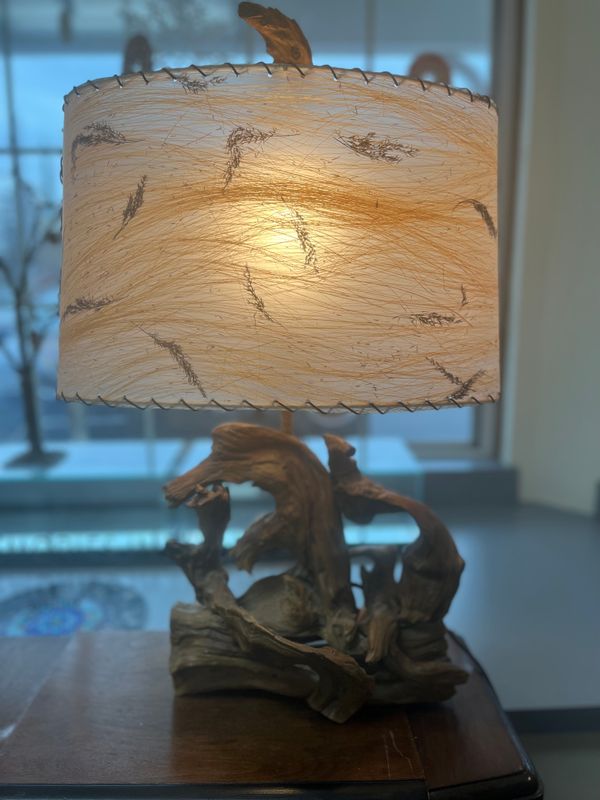 MCM Driftwood Lamp with Fiberglass Wheat Oval Shade