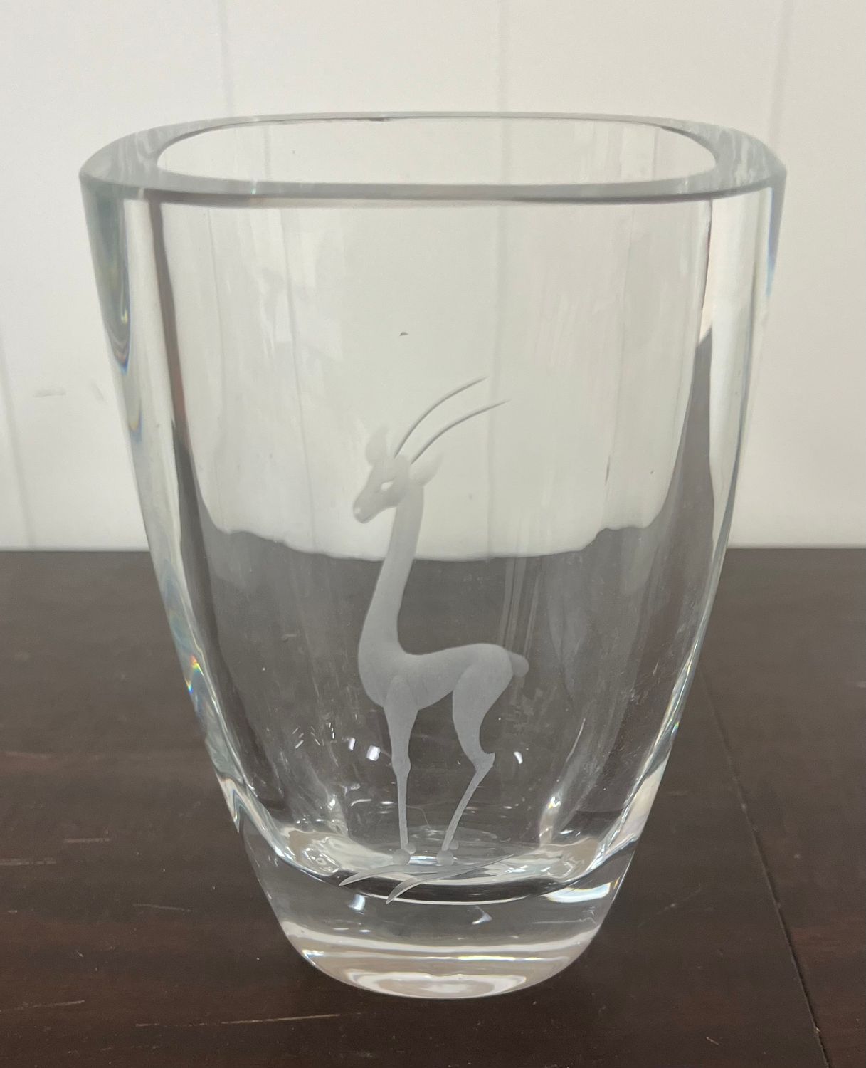MCM art glass etched Deer/Elk/Gazelle Crystal 6" Vase Strombergshyttan