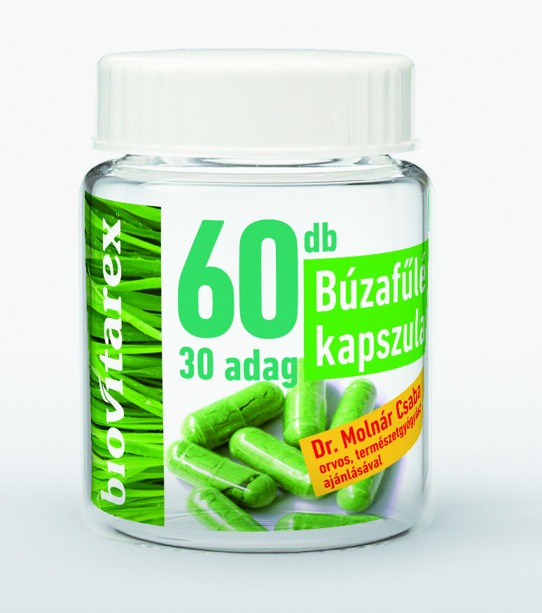 BioVitaRex búzafűlé kapszula fehér műanyag dobozban, címkés csomagolás