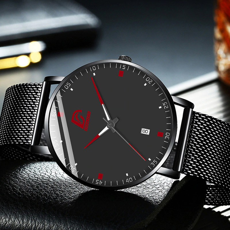 2020 Minimalistisch Horloge met Roestvrij Stalen RVS Band - Analoog Quartz  Minimalist voor Mannen - zwart-rood