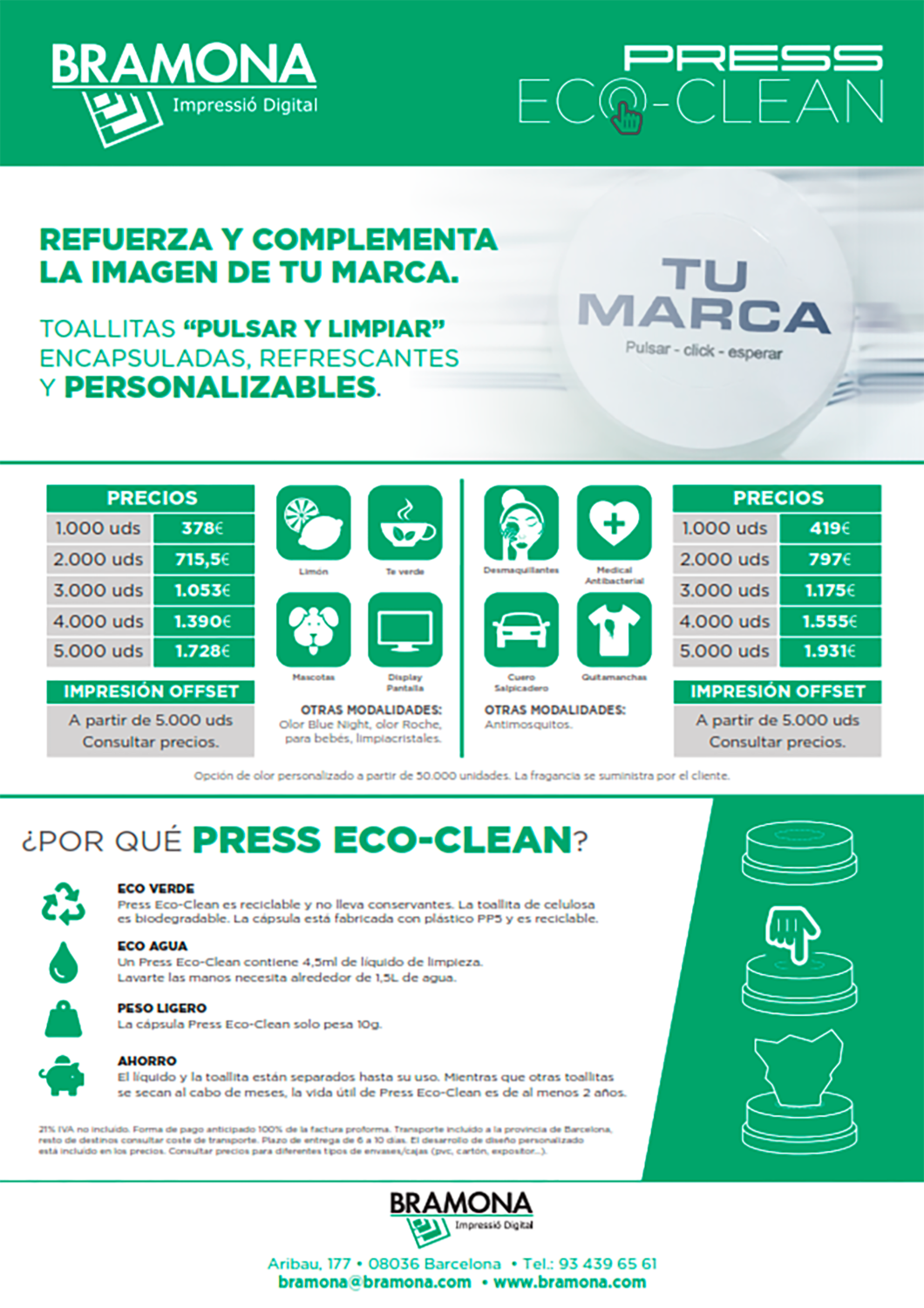TOALLITAS "PULSAR Y LIMPIAR" ENCAPSULADAS, REFRESCANTES Y PERSONALIZADAS (OPCIÓN 1)