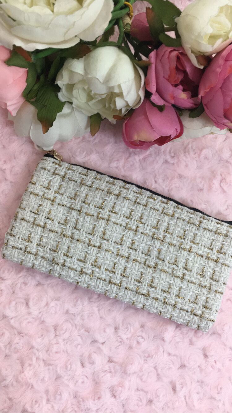 Pochette piatta  Tweed bianco filo oro 