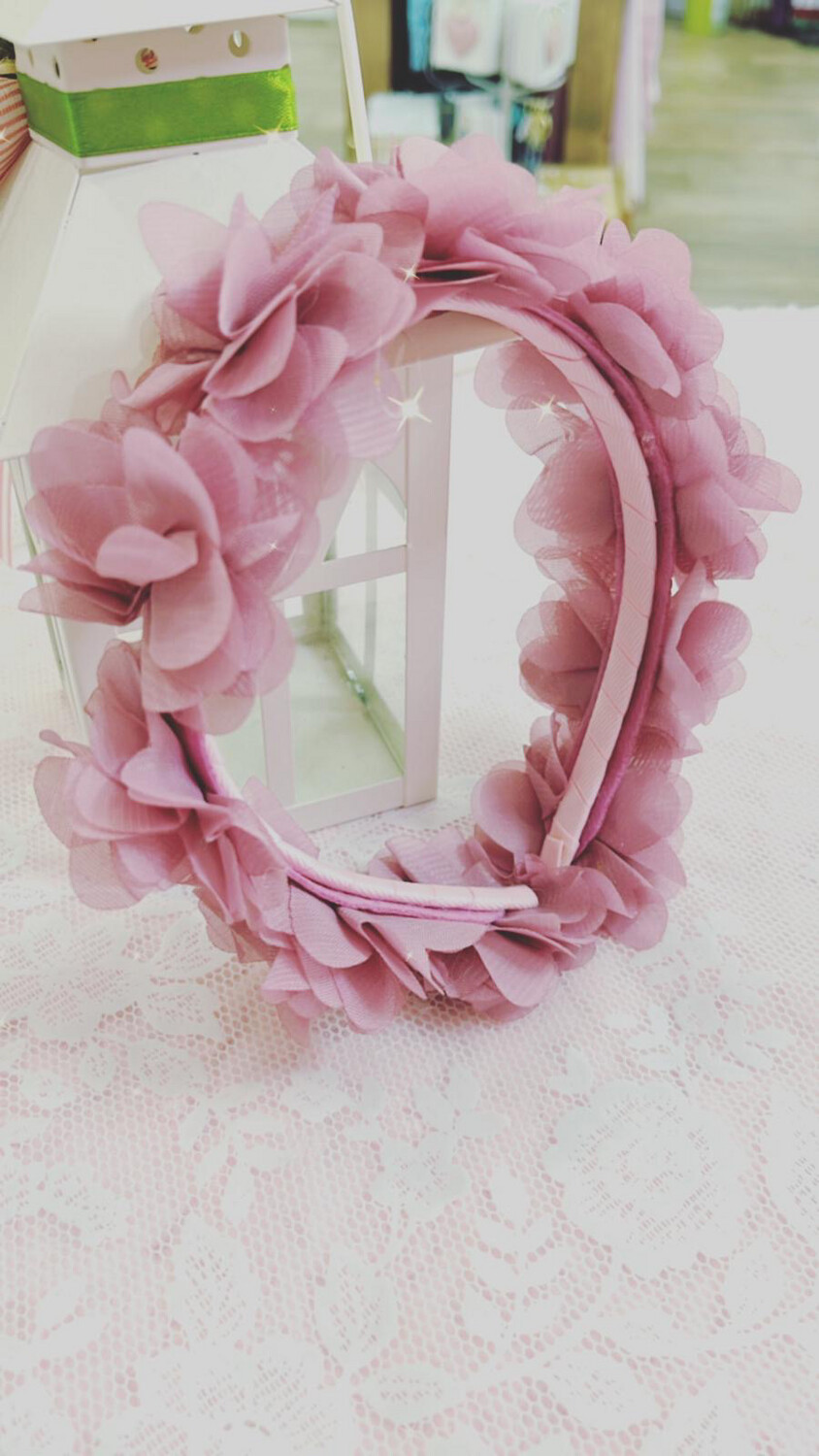 Cerchietto fiori organza rosa malva