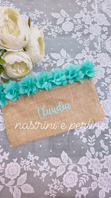 Pochette juta e fiori organza personalizzata verdeacqua