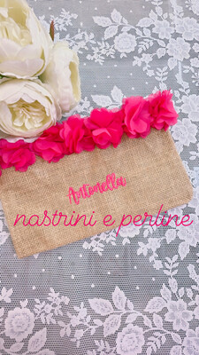 Pochette juta e fiori organza personalizzata fuxia