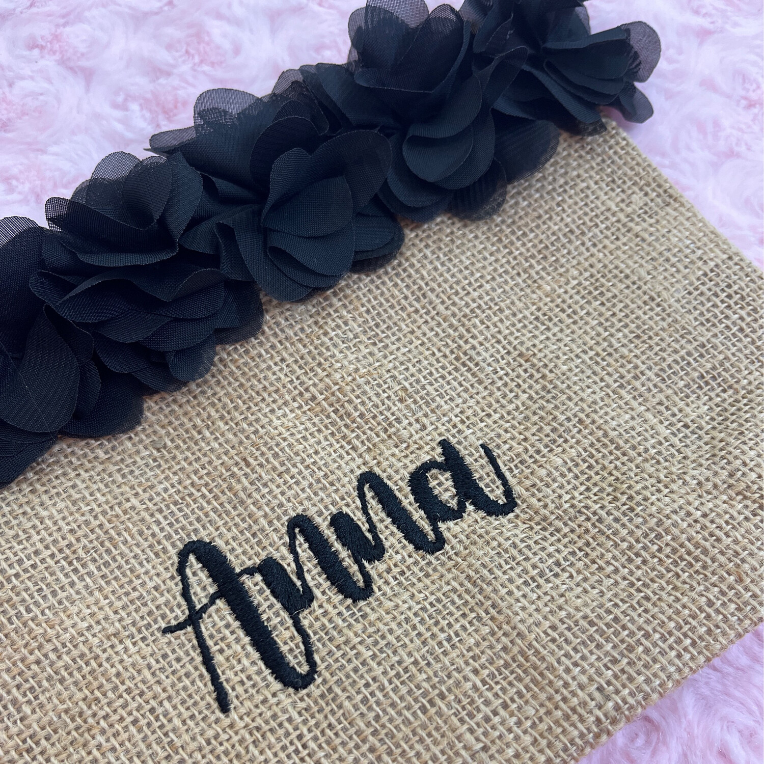 Pochette juta e fiori organza personalizzata nero