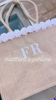 Borsa juta personalizzata fiori organza bianco + pochette