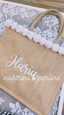 Borsa juta personalizzata fiori organza bianco + pochette