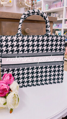Borsa tote bag Pied de poule in Bianco