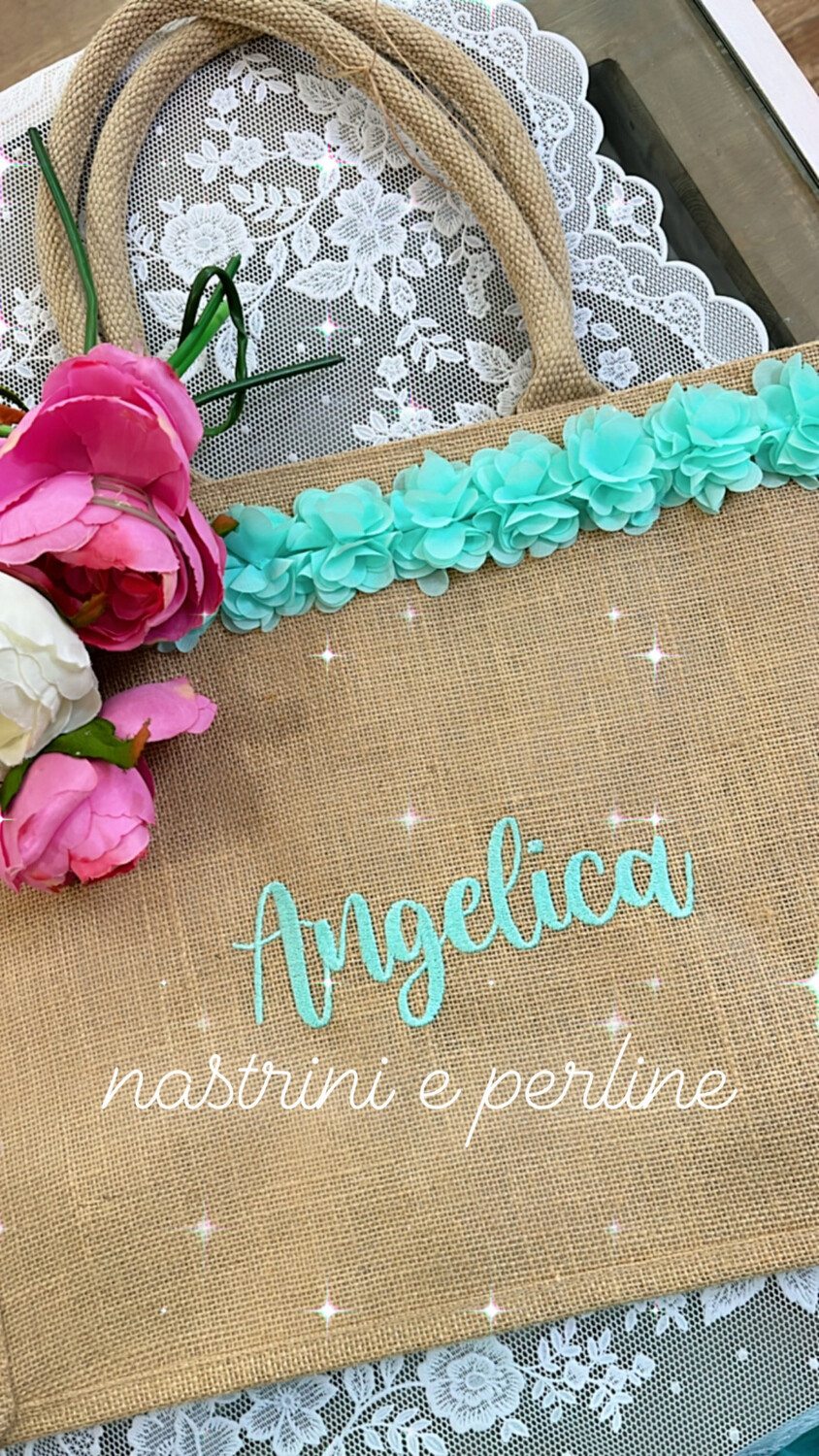 Borsa juta personalizzata fiori organza verdeacqua + pochette