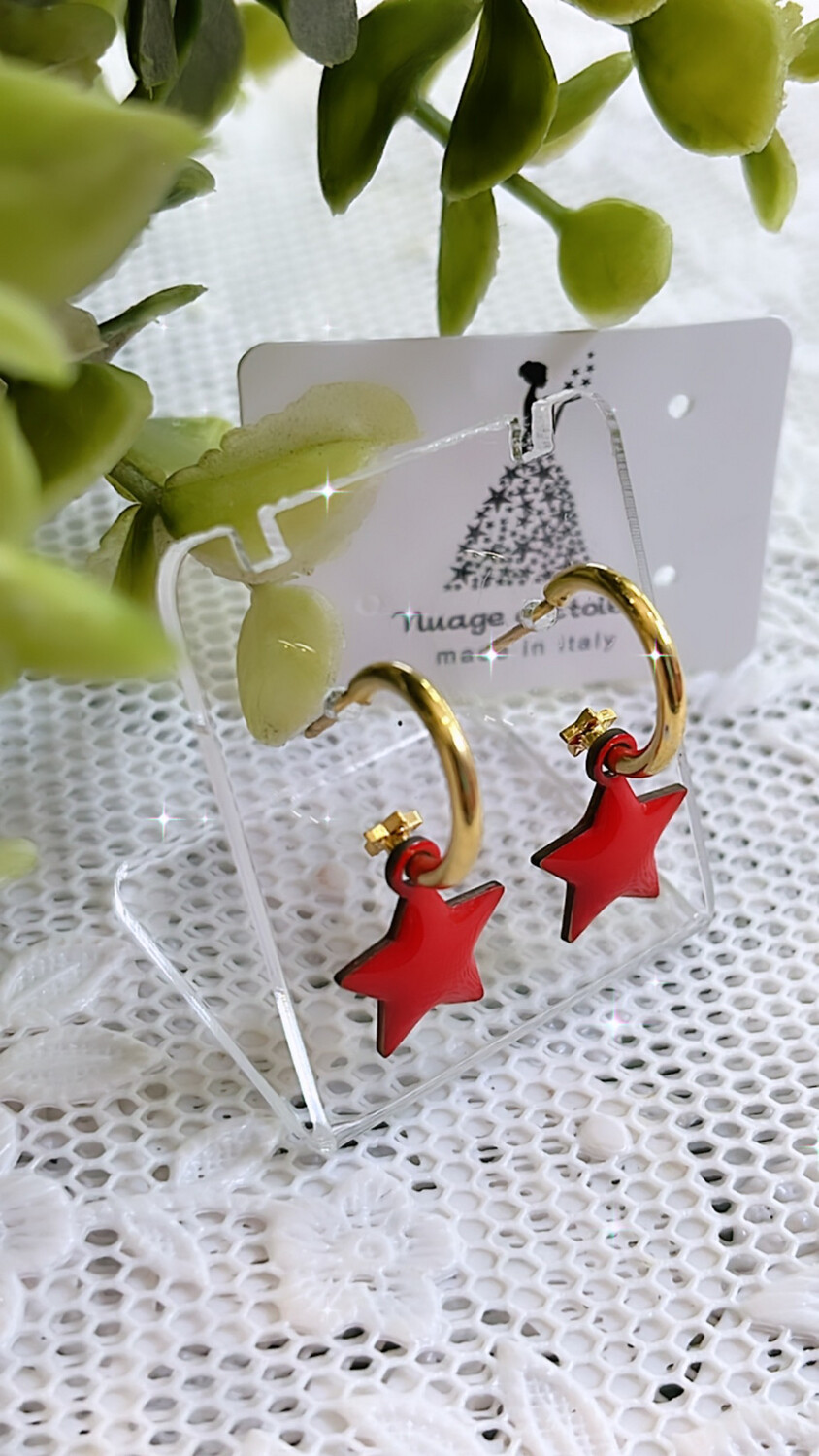 Coppia cerchietti orecchini stella smalto rosso finitura oro