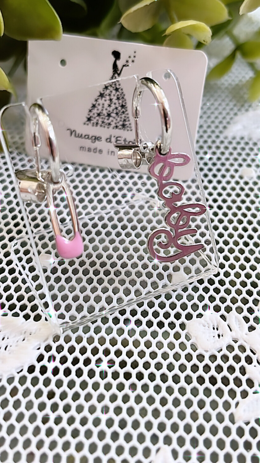 Coppia cerchietti orecchini baby e balia rosa finitura argento