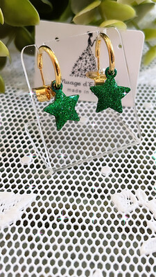 Coppia cerchietti orecchini stella verde con glitter finitura oro