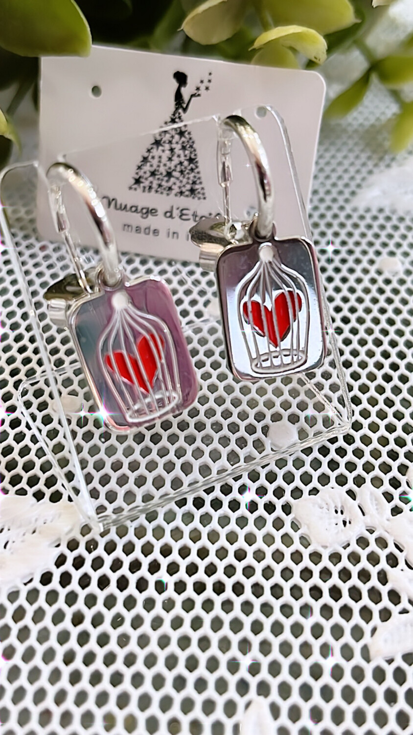 Coppia cerchietti orecchini cuore in gabbia finitura argento