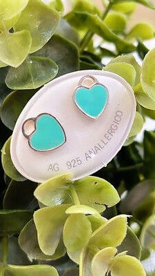 Coppia di orecchini cuore smaltato verdeacqua argento 925