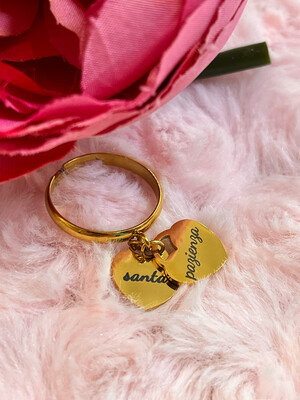 Anello doppio cuore pendente acciaio con nome dorato