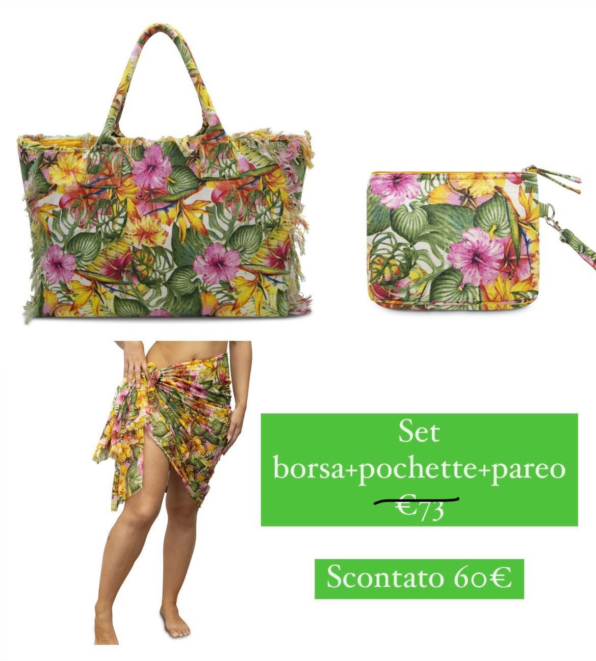 Set borsa + pochette + pareo Tropical