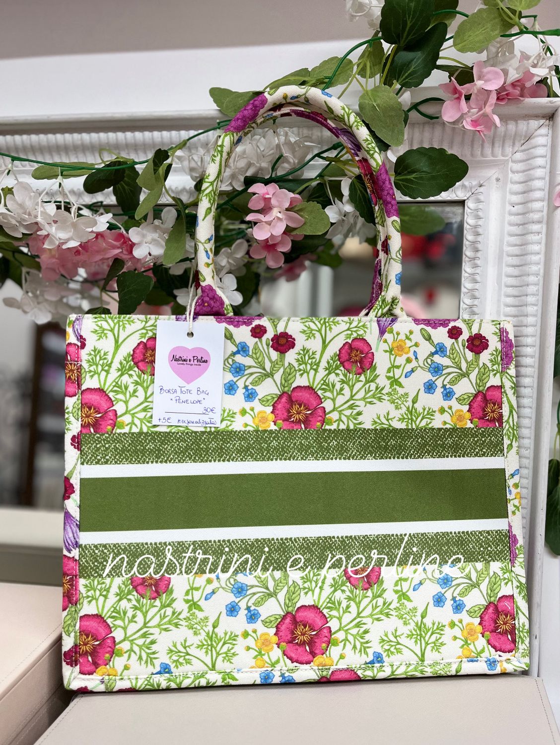Borsa tote bag Penelope fiori fondo verde