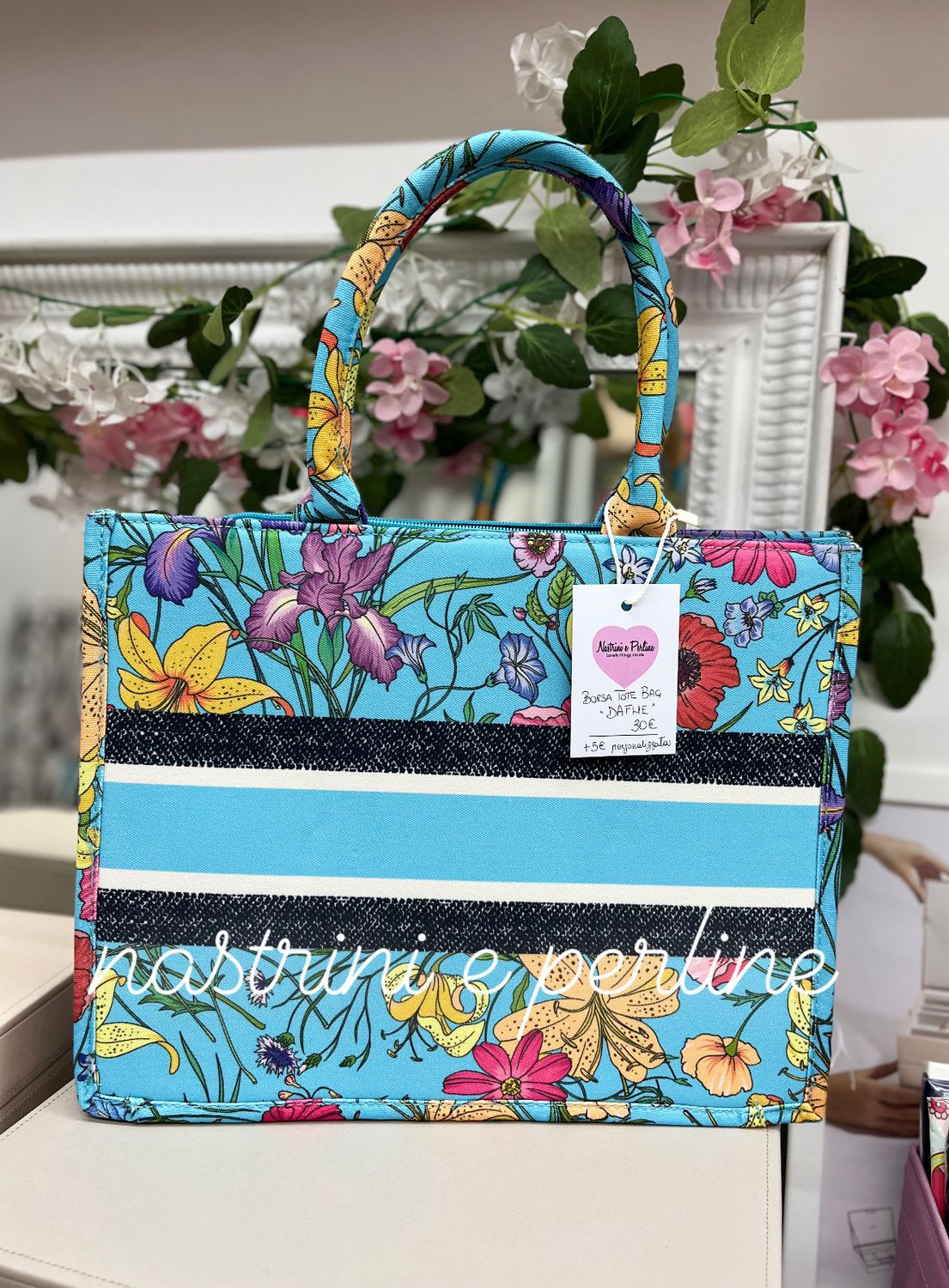 Borsa tote bag Dafne fondo azzurro banda azzurro