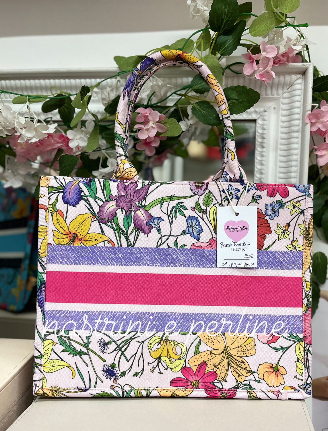 Borsa tote bag Eloise fiori fondo rosa chiarissimo banda fuxia