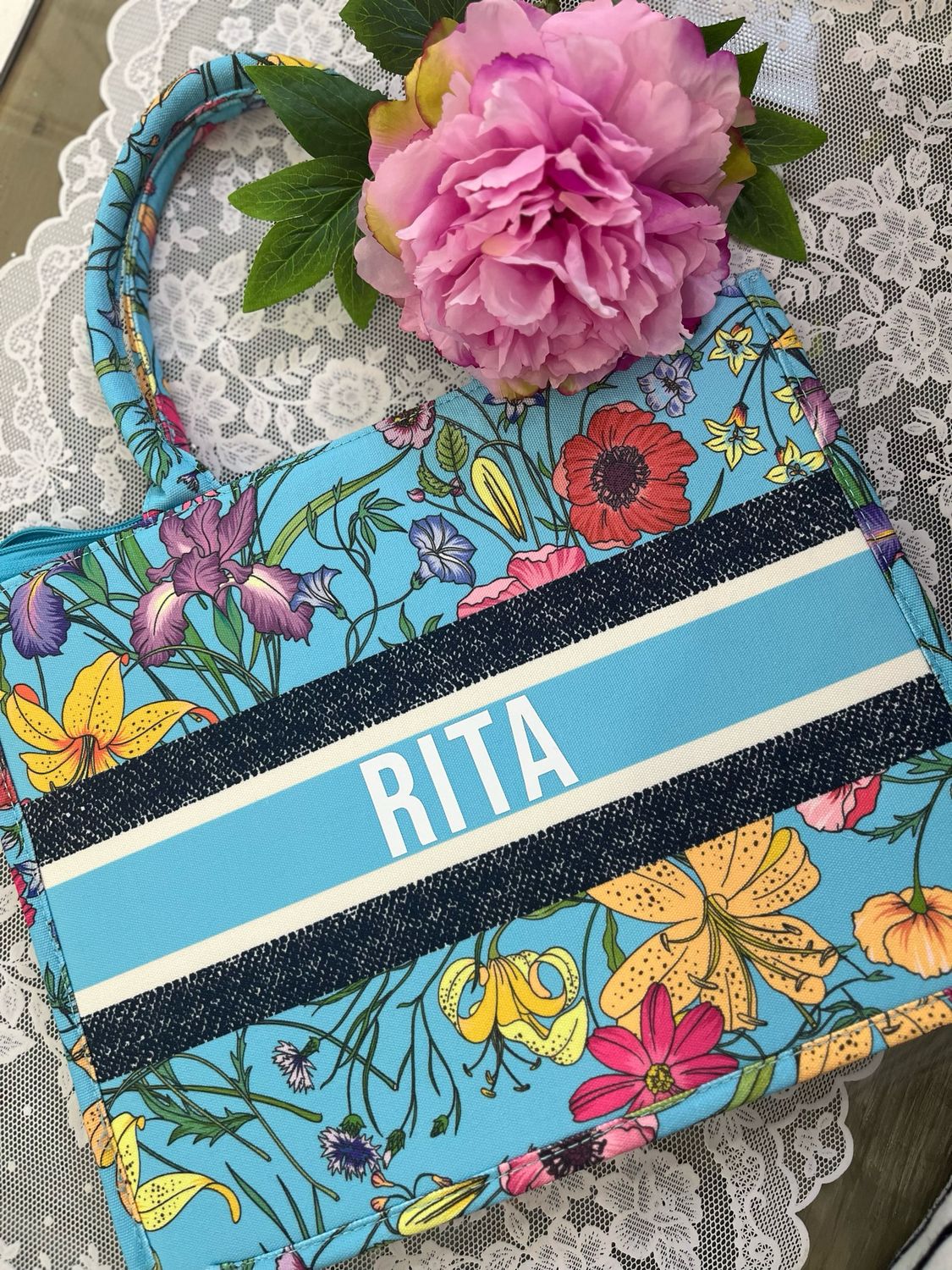Borsa tote bag Dafne fondo azzurro banda azzurro