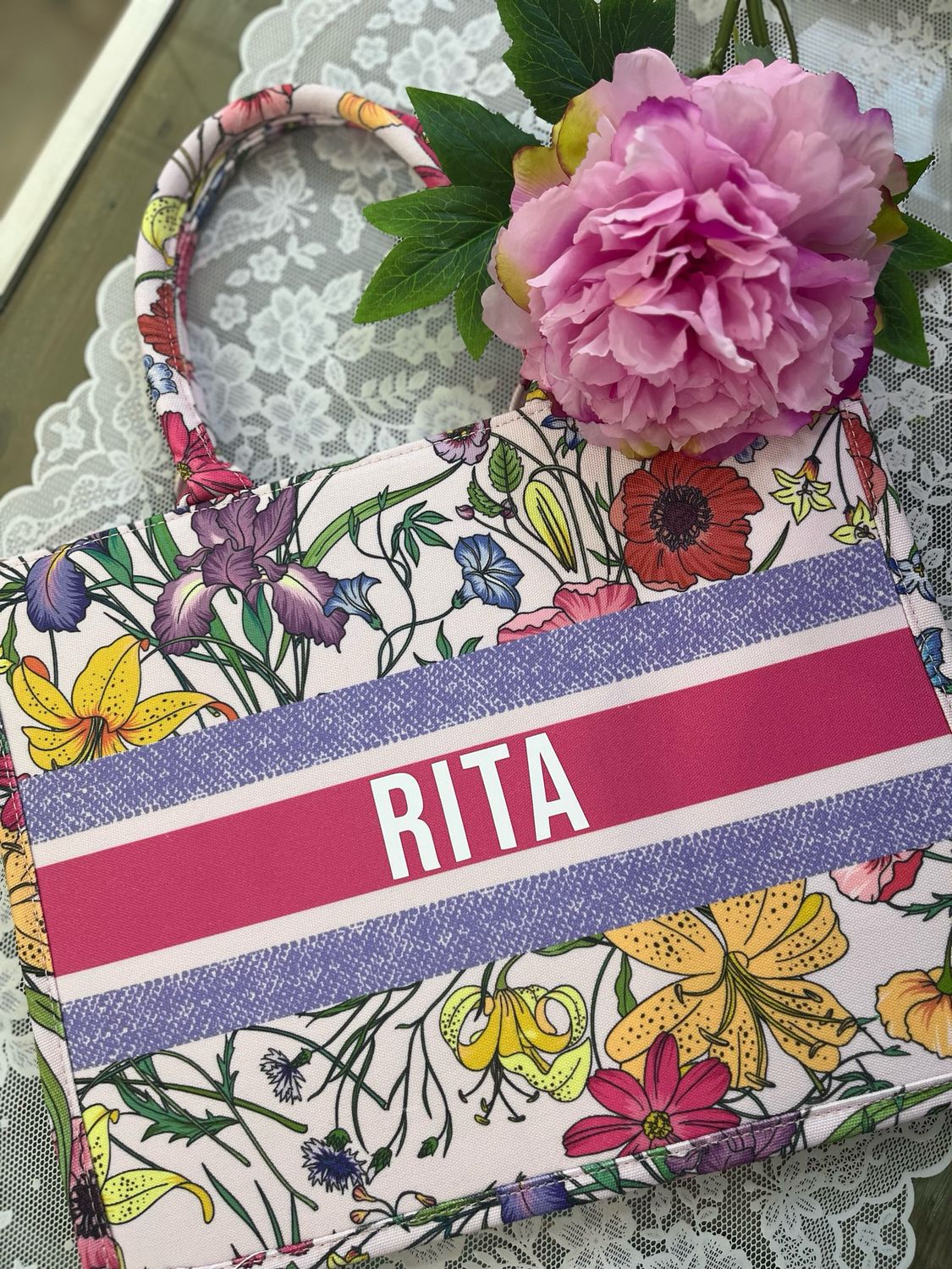 Borsa tote bag Eloise fiori fondo rosa chiarissimo banda fuxia