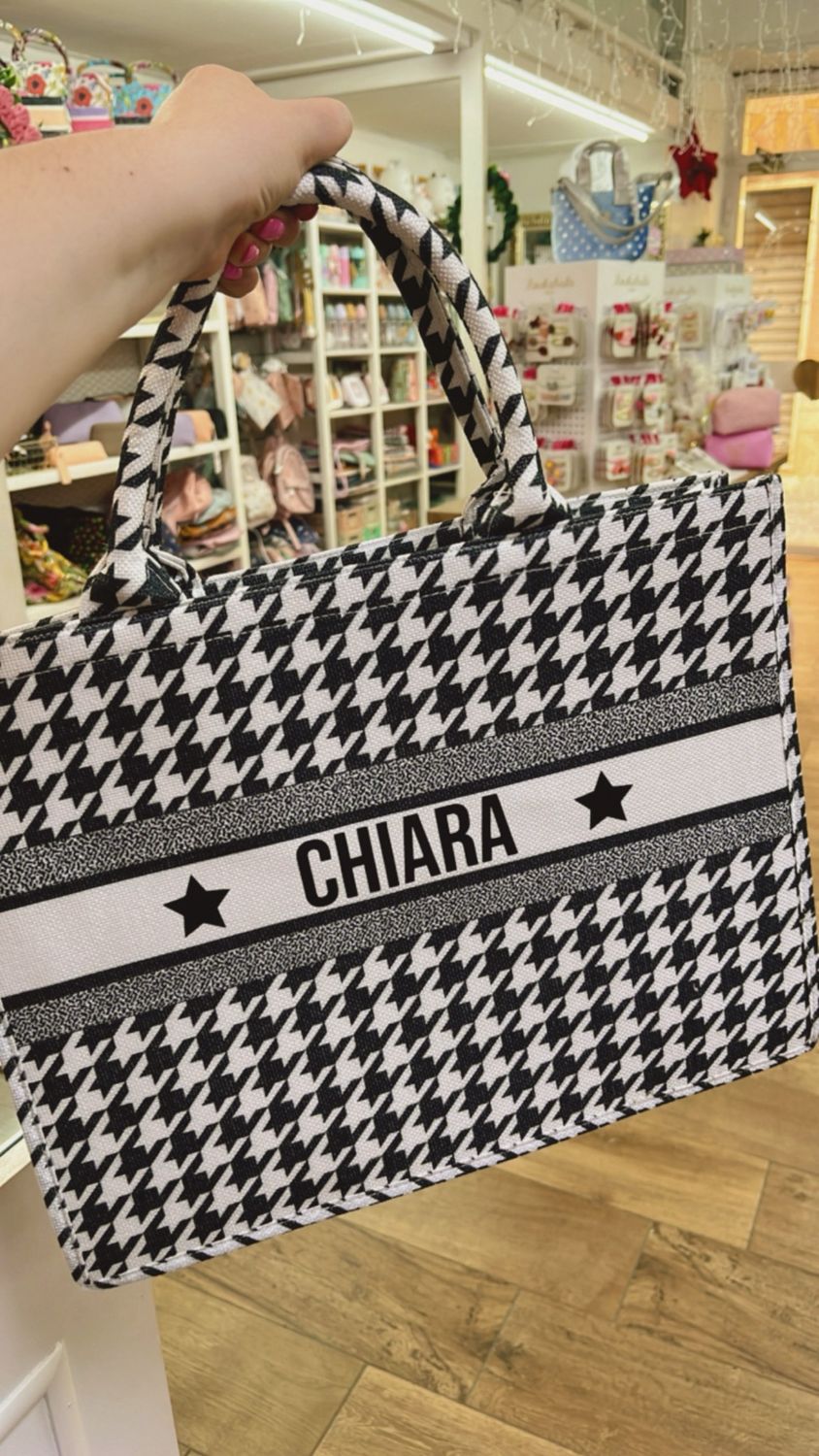 Borsa tote bag Pied de poule in Bianco