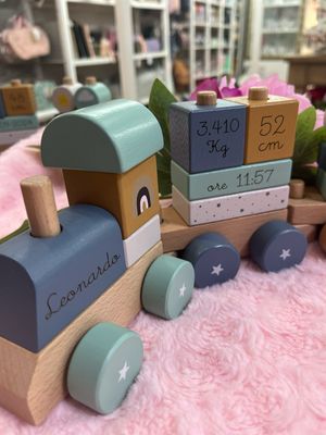Trenino in legno celeste personalizzabile
