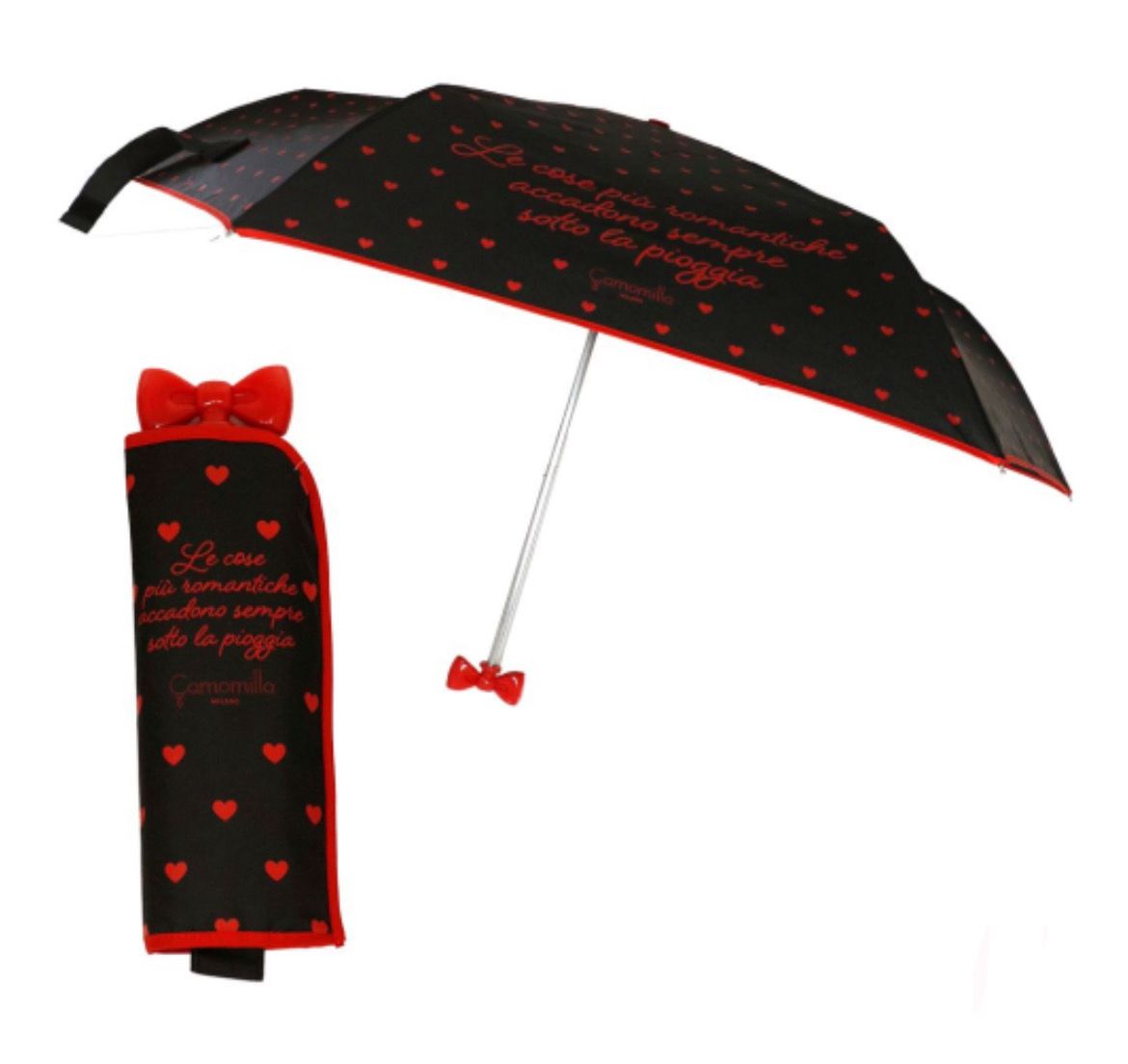 Ombrello Camomilla Milano nero fiocchetto con cuori rossi