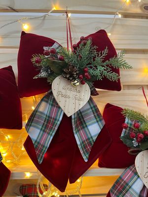 Fiocco Natale Velluto Rosso scuro e tartan bianco by Nastrini e Perline