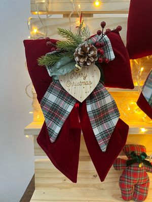 Fiocco Natale Velluto Rosso scuro e tartan bianco by Nastrini e Perline