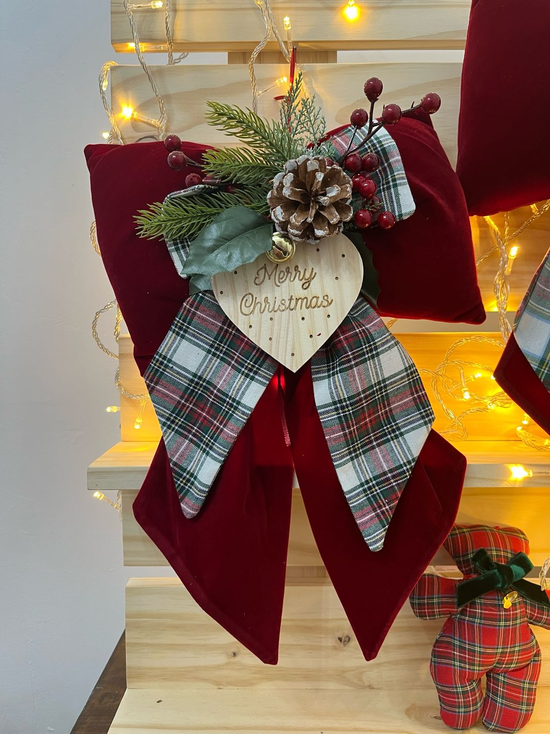 Fiocco Natale Velluto Rosso scuro e tartan bianco by Nastrini e Perline