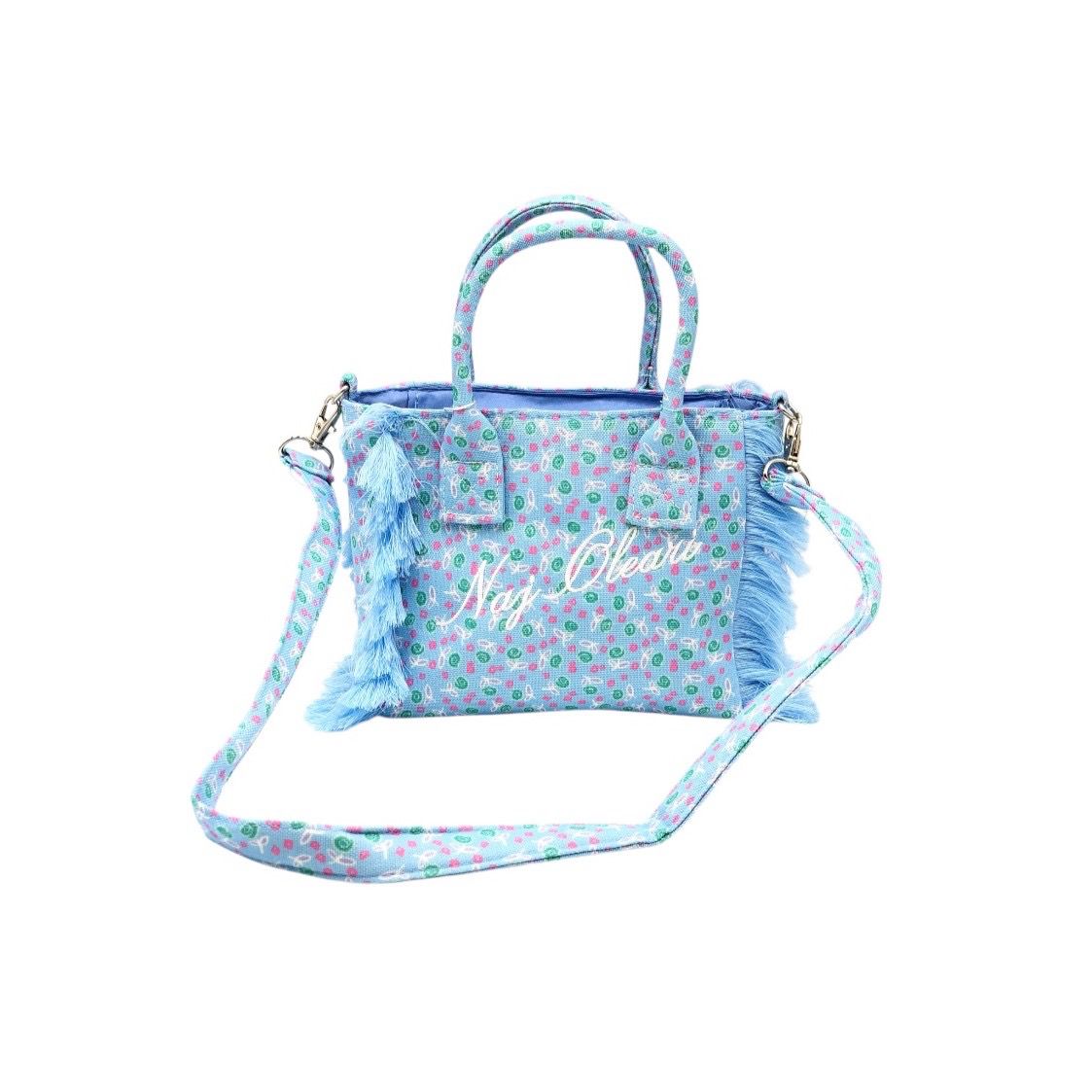 Borsa tessuto Naj-Oleari roselline fondo celeste piccola con tracolla