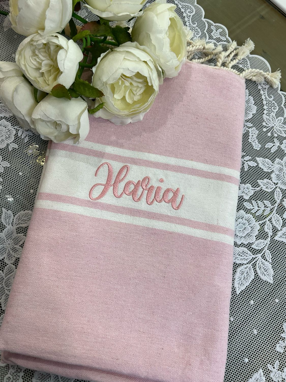 Telo fouta TU5 rosa baby banda bianca