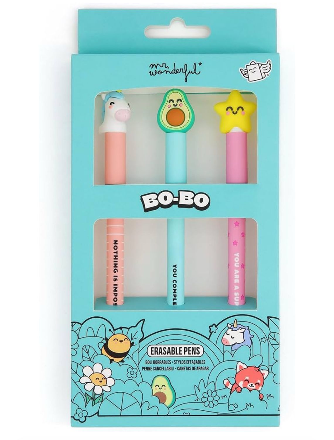 Set 3 penne cancellabili Mr Wonderful unicorno avocado stella
