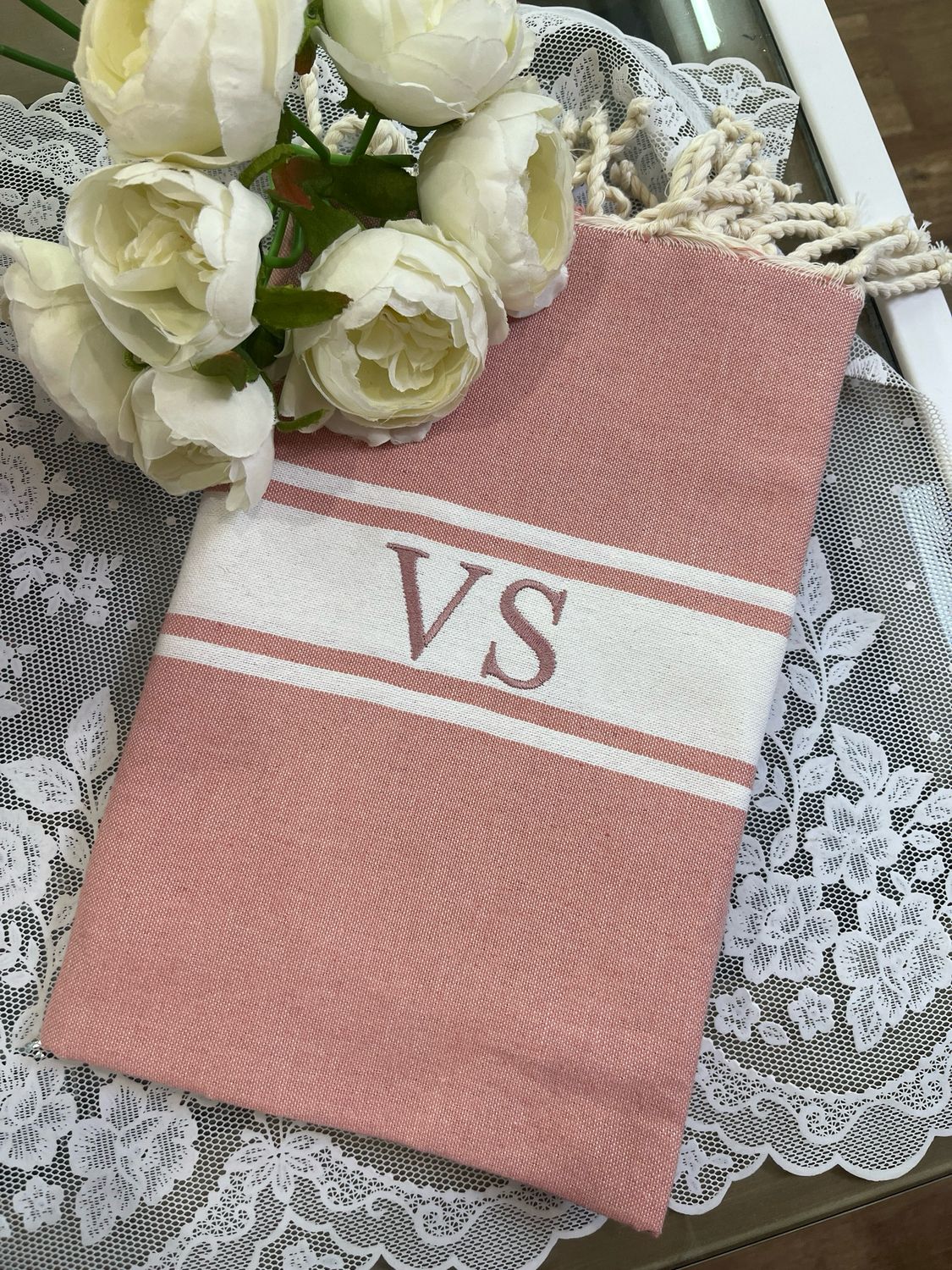 Telo fouta TU20 rosa antico banda bianca