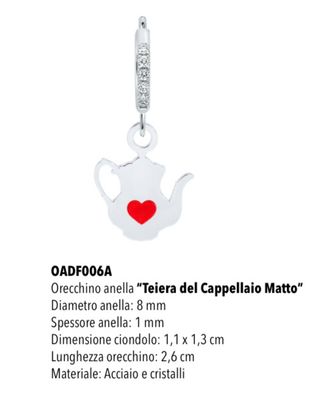 Mono orecchino cerchietto Mad Tea teiera del cappellaio matto