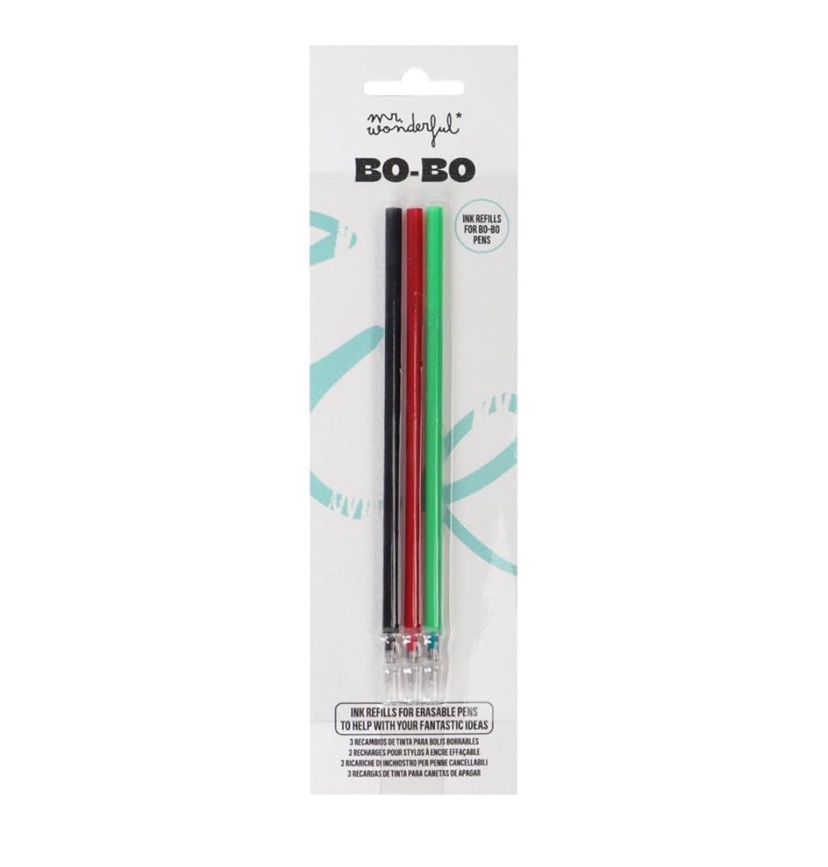 Confezione da 3 refill Nero Rosso Verde per penne cancellabili bobo mr Wonderful