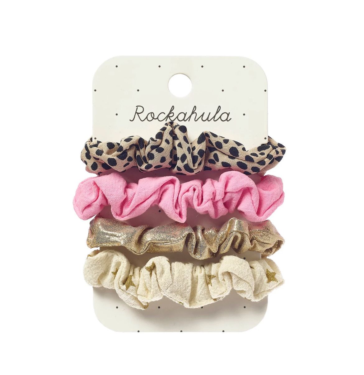 Set 4 mini scruncies elastico fantasie miste Leopard e rosa Rockahula