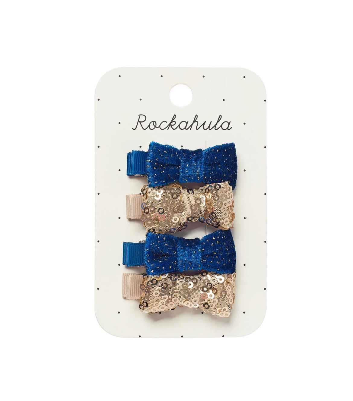 Set 4 mollette a pinza con fiocchetti velluto blu e pailettes oro Rockahula